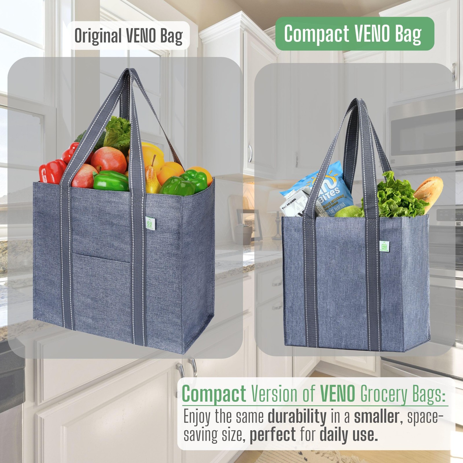 4 Pack Reusable Grocery Shopping Bags, Medium Tote Bag w/Handle & Hard Bottom