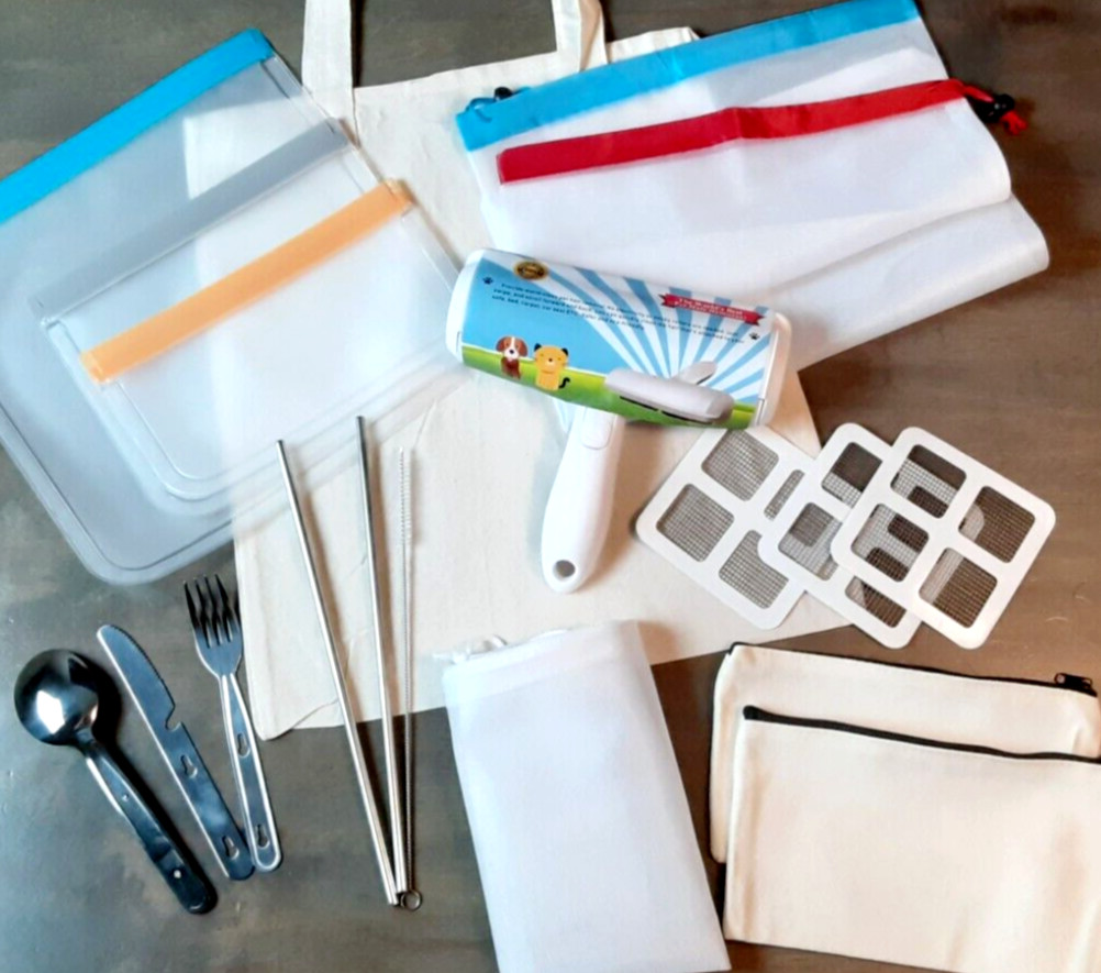 19 Piece Zero Waste Sustainable Kit Reusable Cutlery, Straws, Food/ Laundry Bags