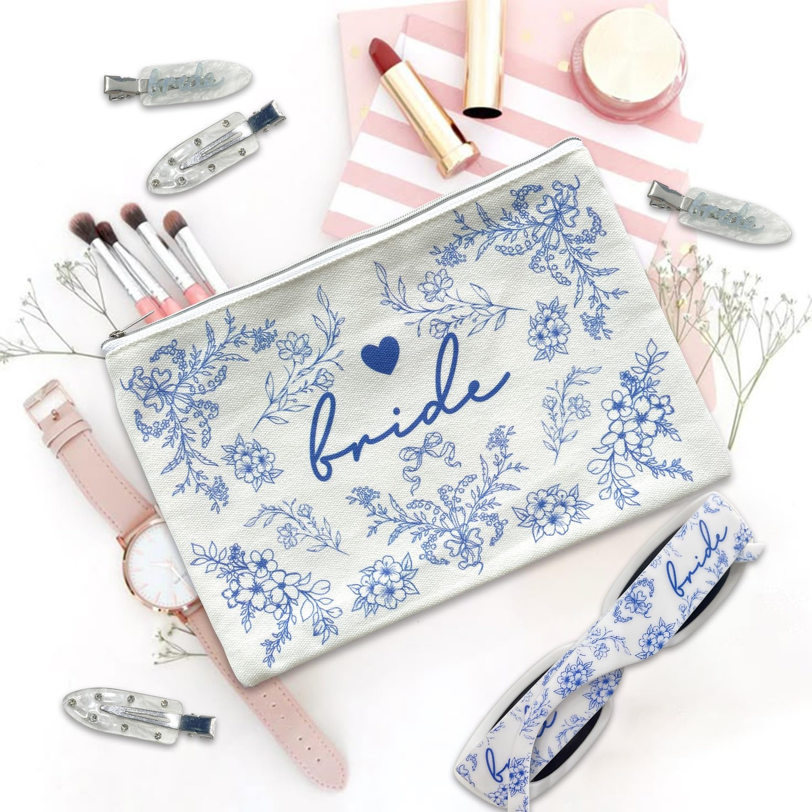 LADY&HOME Bride Makeup Bag Blue for Bridal Shower Wedding blue