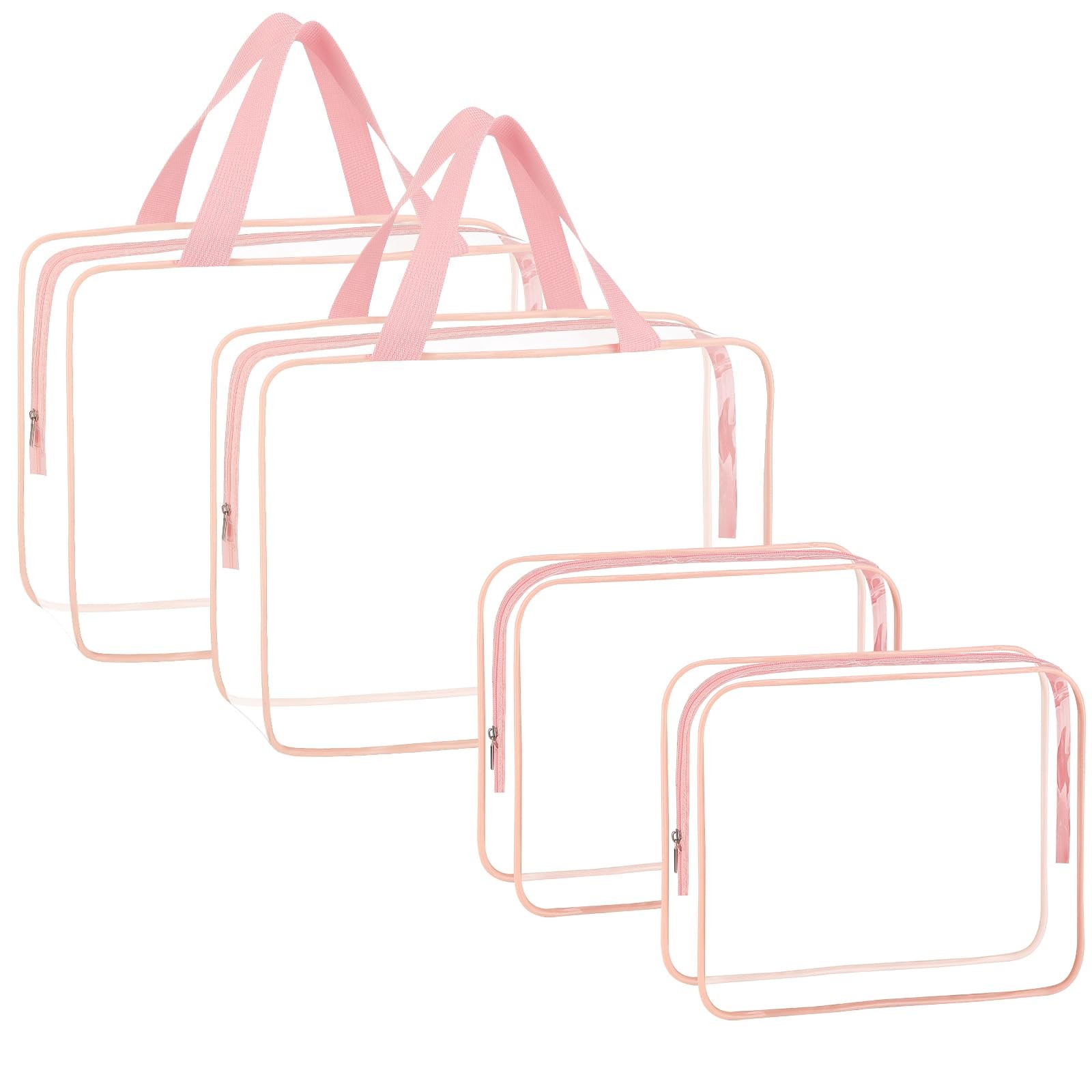 4-Piece Large Makeup Cosmetic Toiletry Bag – Clear Plastic PVC Tote Bags PINK