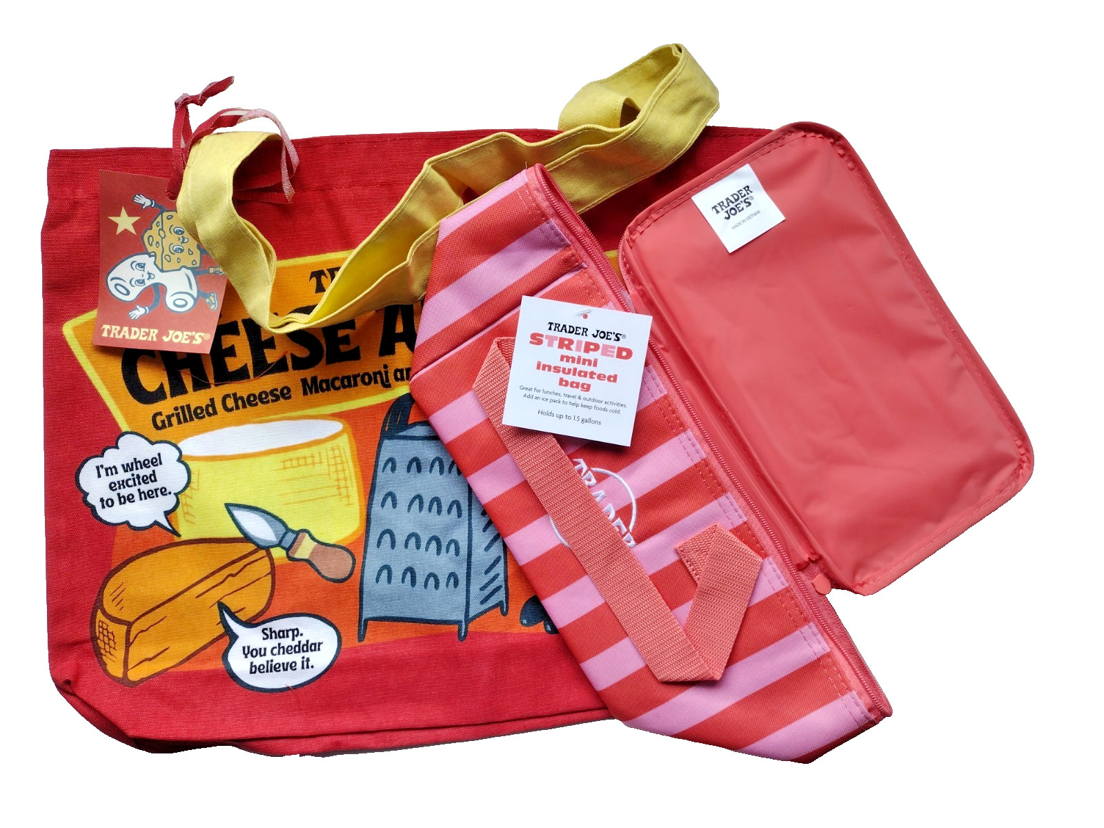Combo Trader Joe’s Cotton Canvas Cheese Tote & Pink Stripes 1.5 gal Lunch Bag