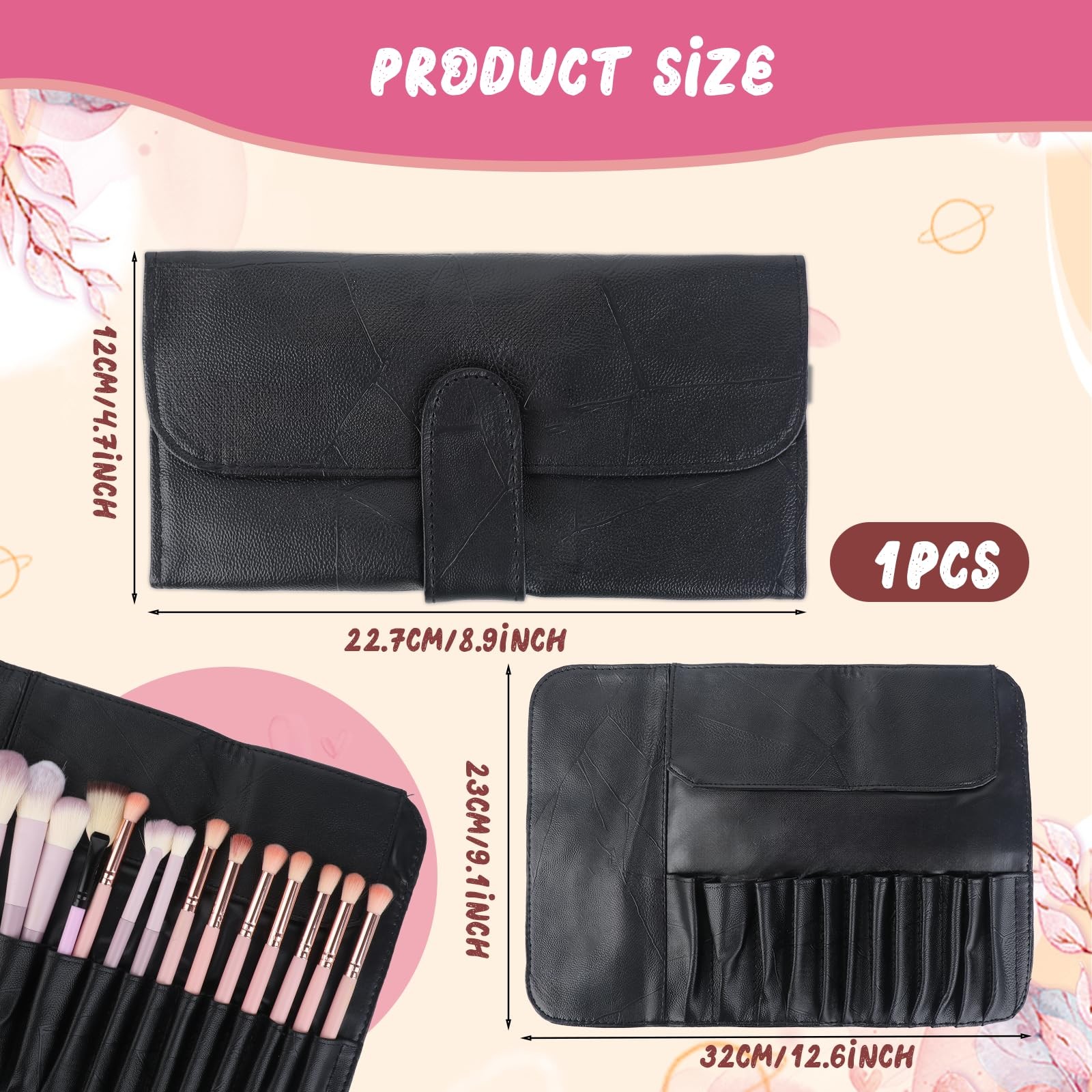 JJUNW Makeup Brush Holder, Roll Up Organizer Bag, black