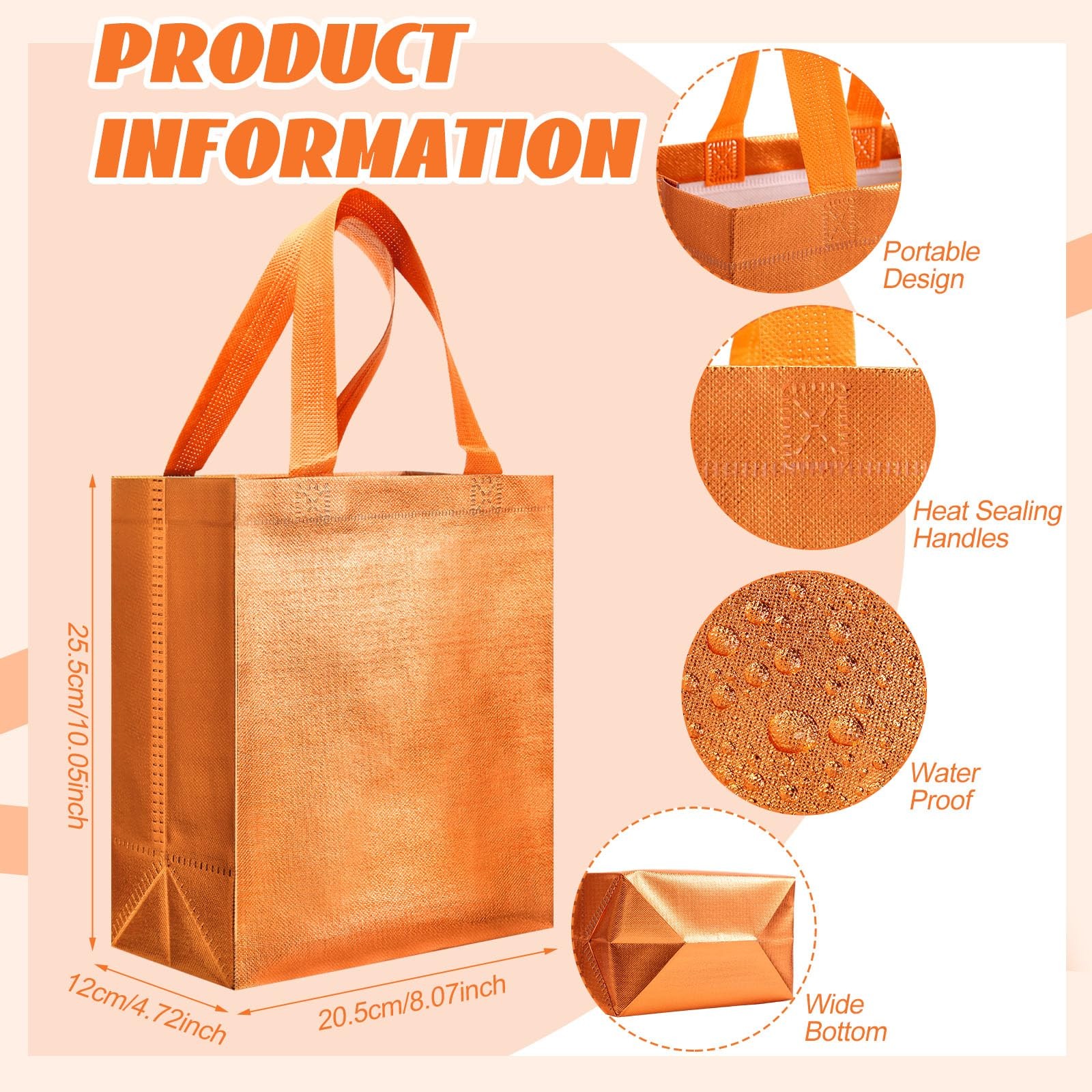 80 PCS Orange Glossy Reusable Gift Tote Bags Handles 10x8x4.7 Inch Grocery