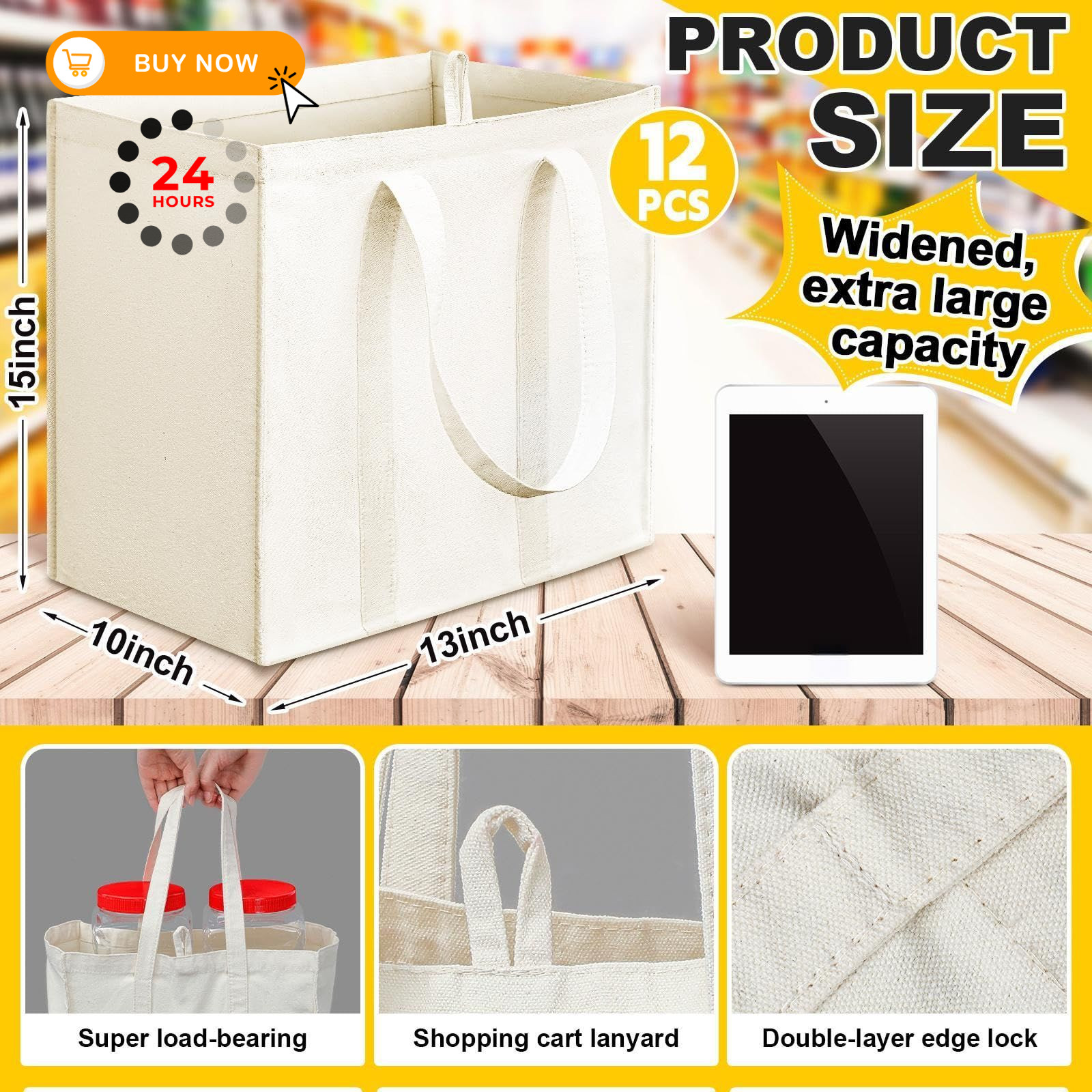 Amylove 12 Pack Heavy Duty Canvas Grocery Bags, 15″ H x 13″ L x 10″ W, Beige