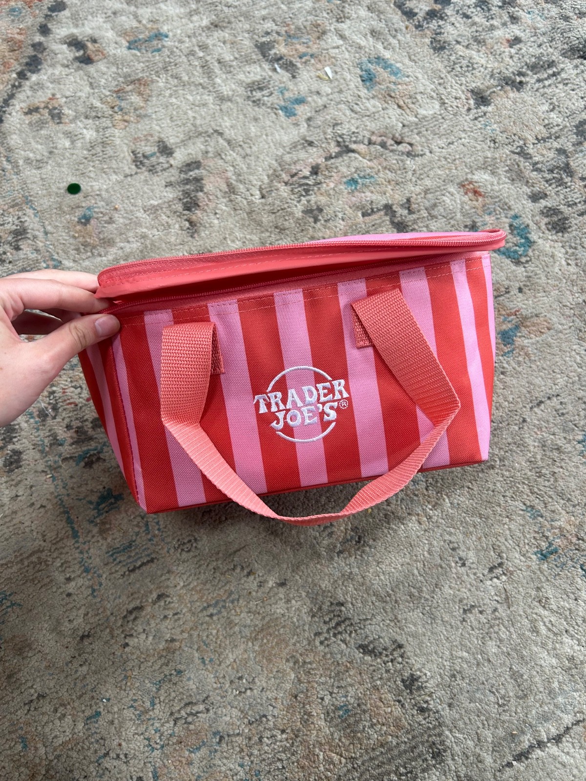 NEW Trader Joes 2026 Mini Insulated Tote Bag. Pink Striped. SO cute and perfect