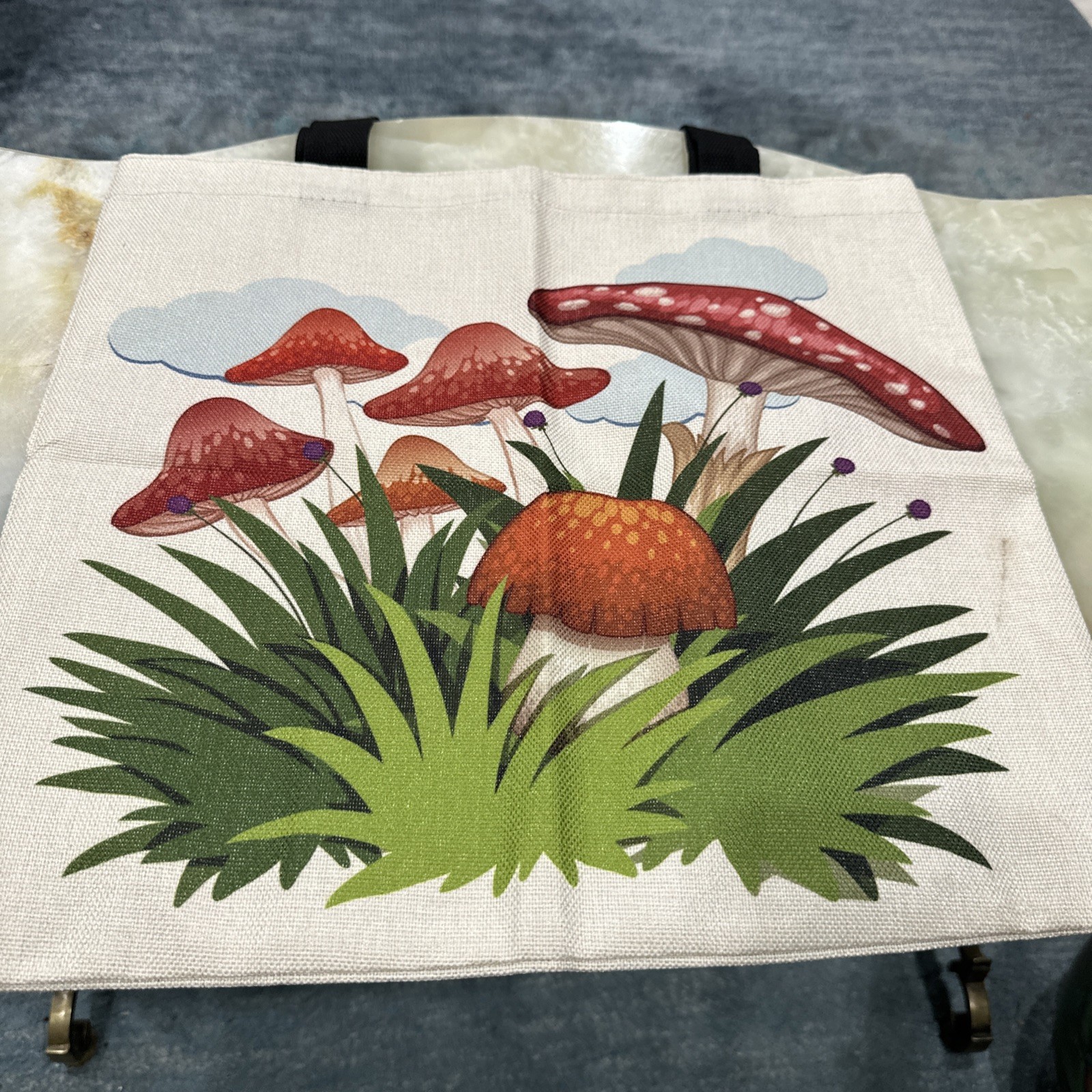 Cottagecore Canvas Tote Bag – Red Mushroom & Grass Design 14”x15”