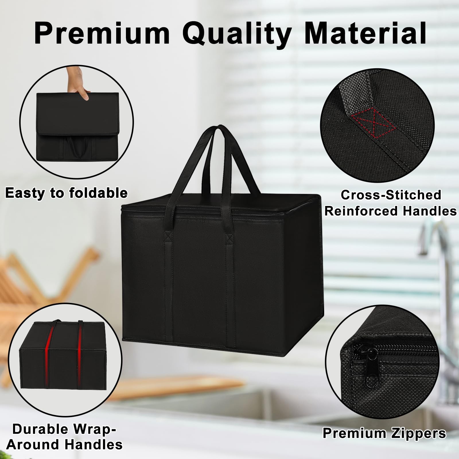 4 Pack Insulated Reusable Grocery Shopping Bags with zippered top,Food Delive…