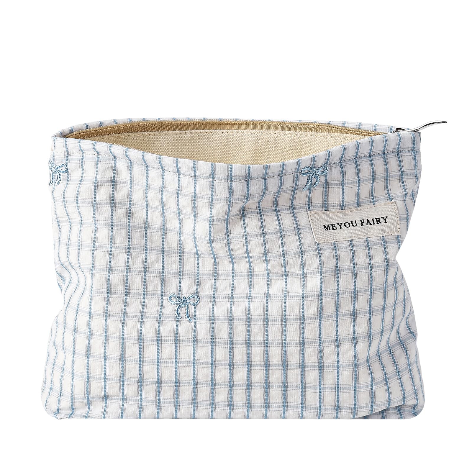 Lestikave Striped Makeup Bag,Coquette Blue Checkered Cosmetic Bag 01Checkered