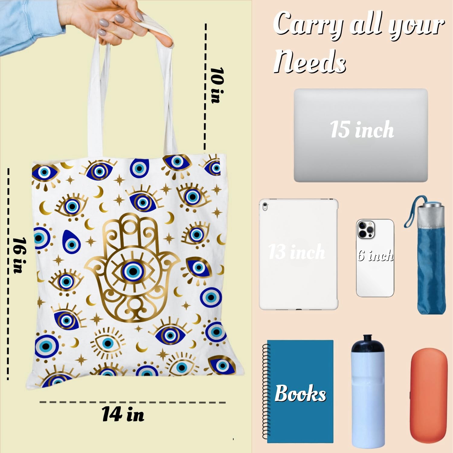 Turkey Evil Eye Tote Bag, Canvas Hamsa Hand Nazar Shopping Grocery Bag, 14×16…