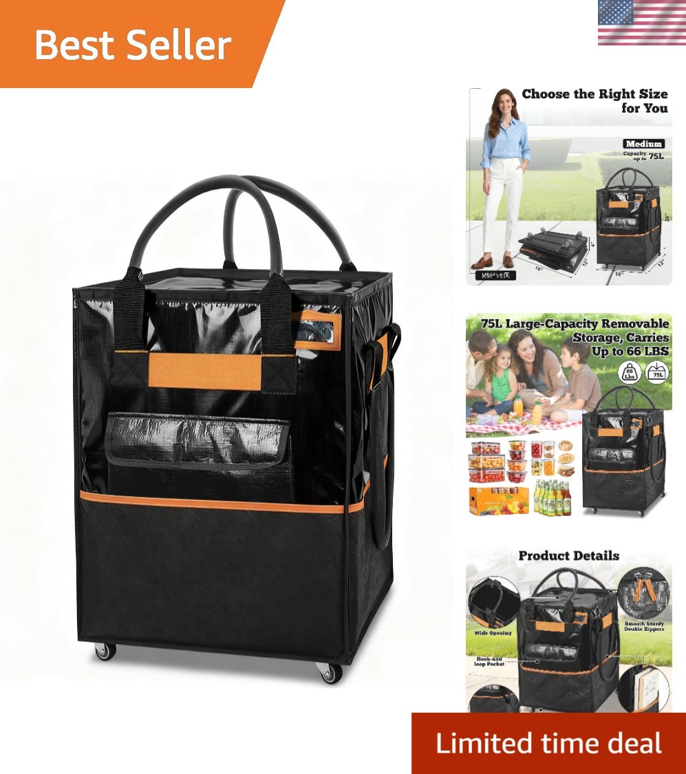 Lightweight 75L Zippered Grocery Cart with 4 Swivel Wheels for Easy Transport