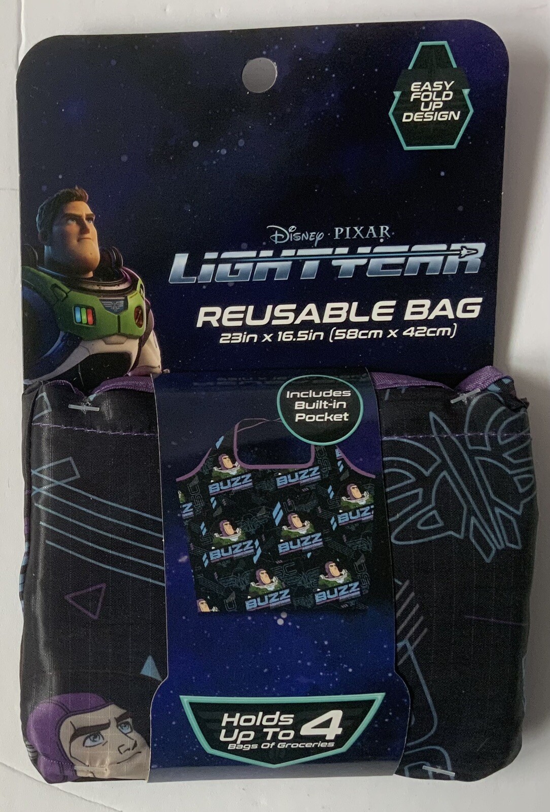 Disney Pixar LIGHTYEAR Reusable Grocery Bag 23″ x 16.5″ Pocket Easy Fold Up (D)