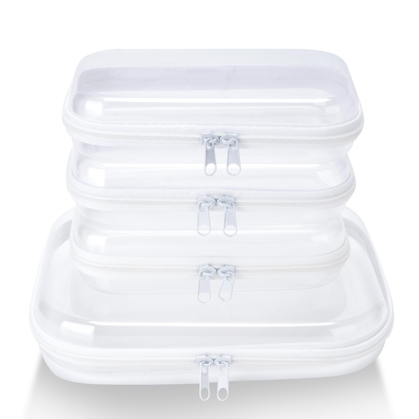 WELPIRT 4 pcs Clear Zipper Pouches,Hard Shell Case, M+3S, White