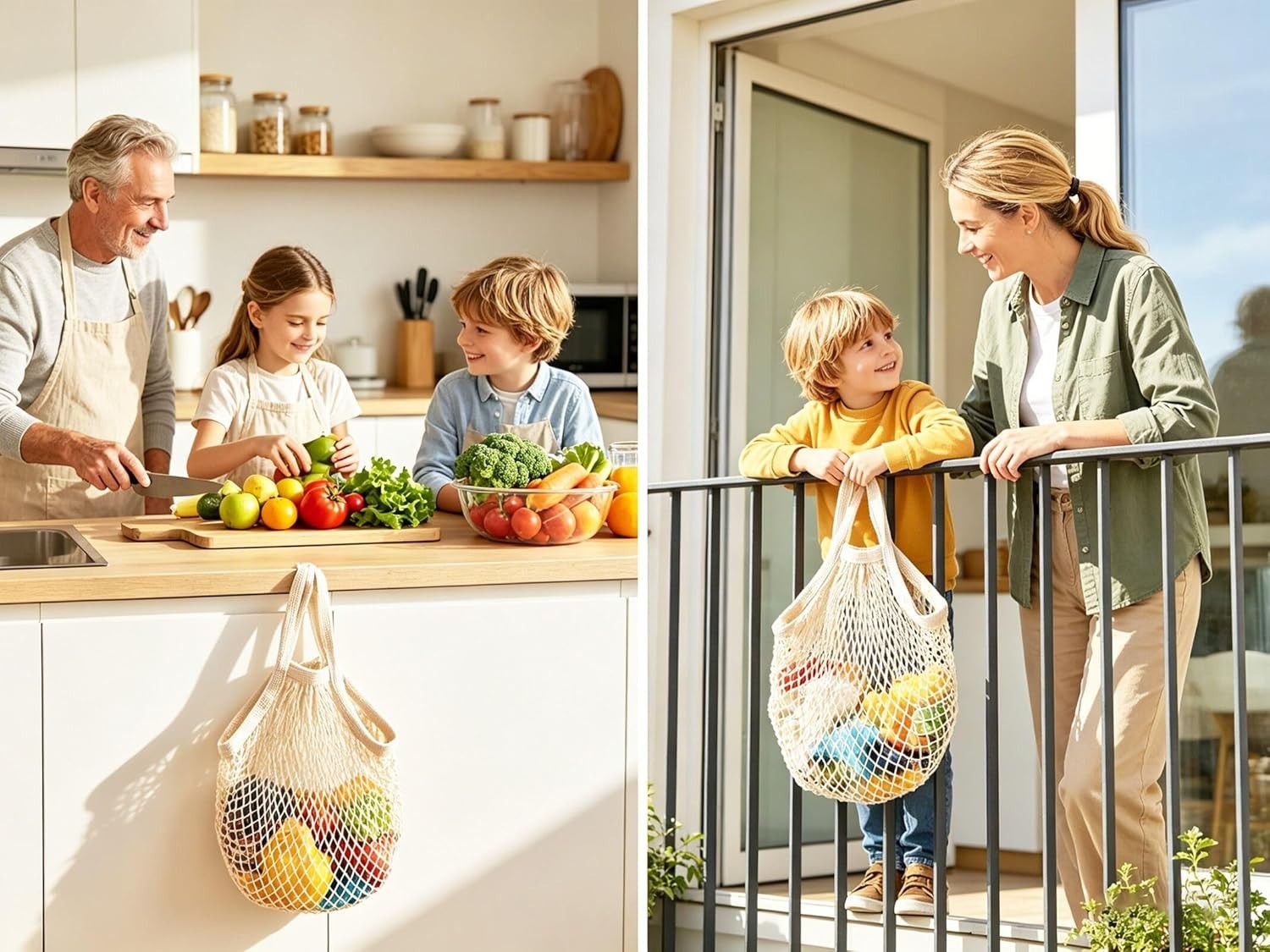 Beige Drawstring Cotton Mesh Bags – Perfect for Eco-Friendly Shopping in 3 Pack