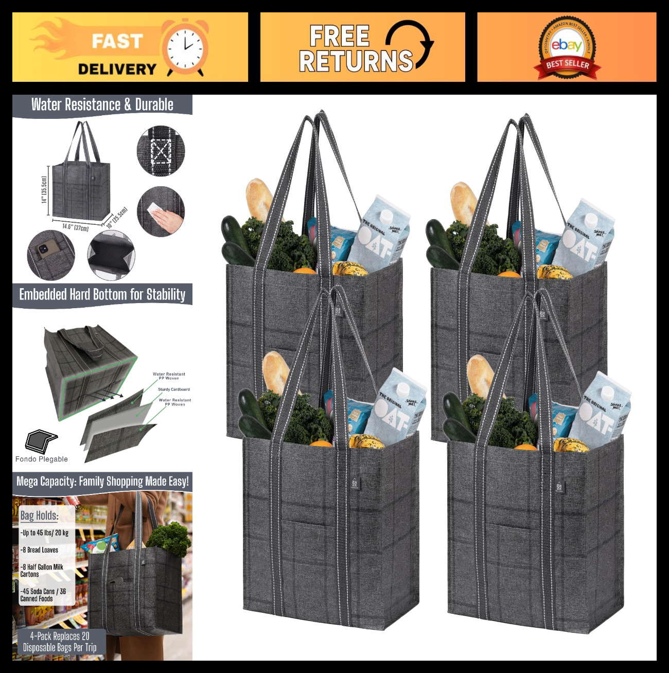 4 Pack Reusable Grocery Bags with Hard Bottom, Heavy-Duty Shopping Cart Bags