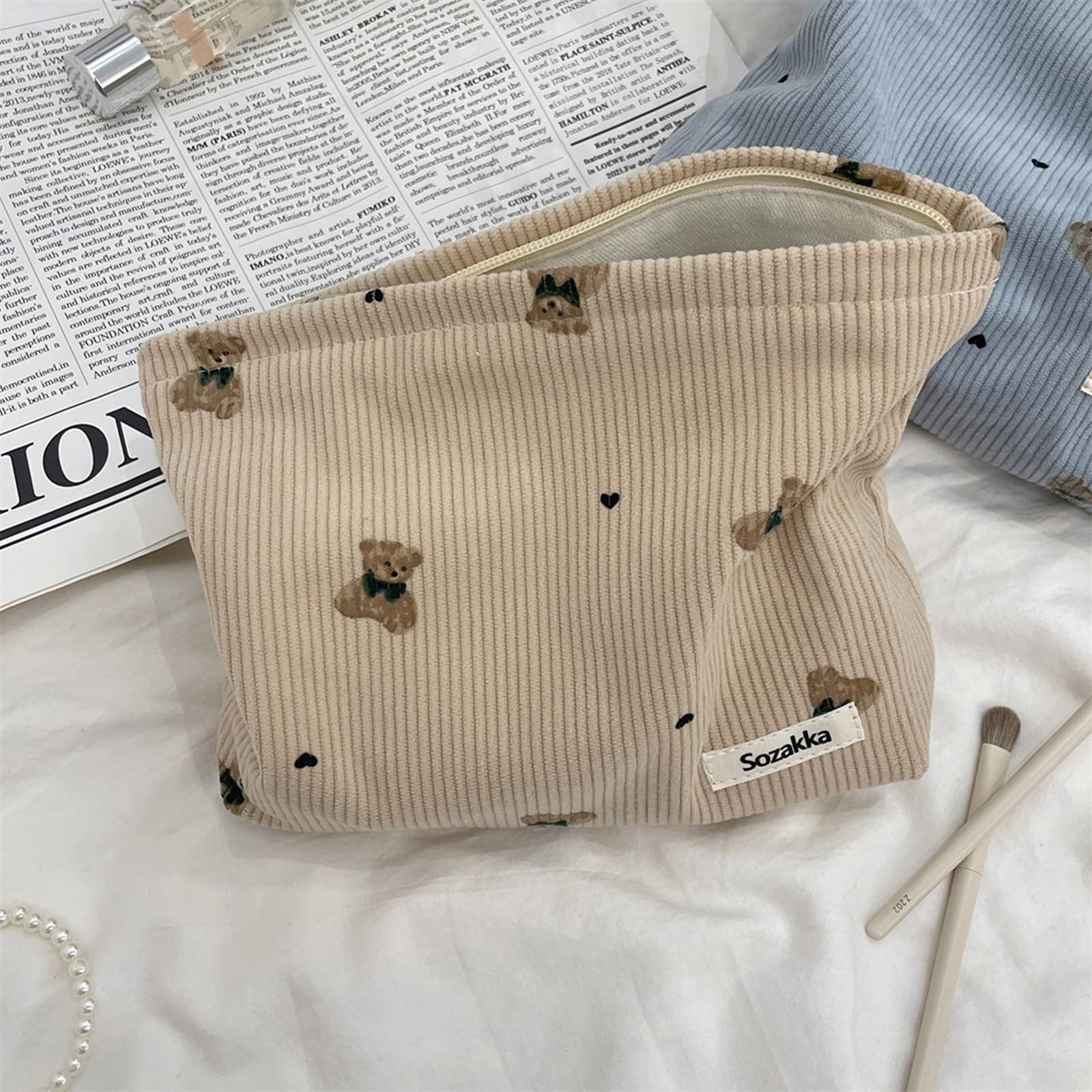Lestikave Small Corduroy Makeup Bag for Purse,Travel Cosmetic 03Light Taupe