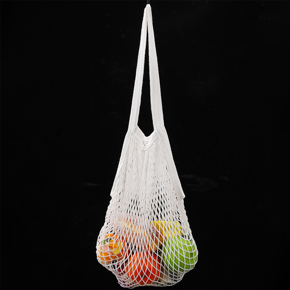 Woven Cotton Mesh Bag Washable Cotton Mesh String Handbag Long Handle Net Tote