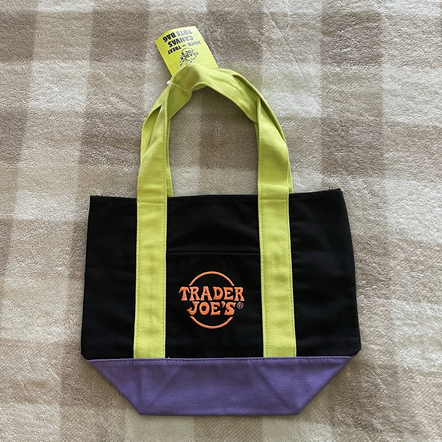 Trader Joe’s Reusable Tote Bag Black/Green/Purple Logo 13x11x6 in