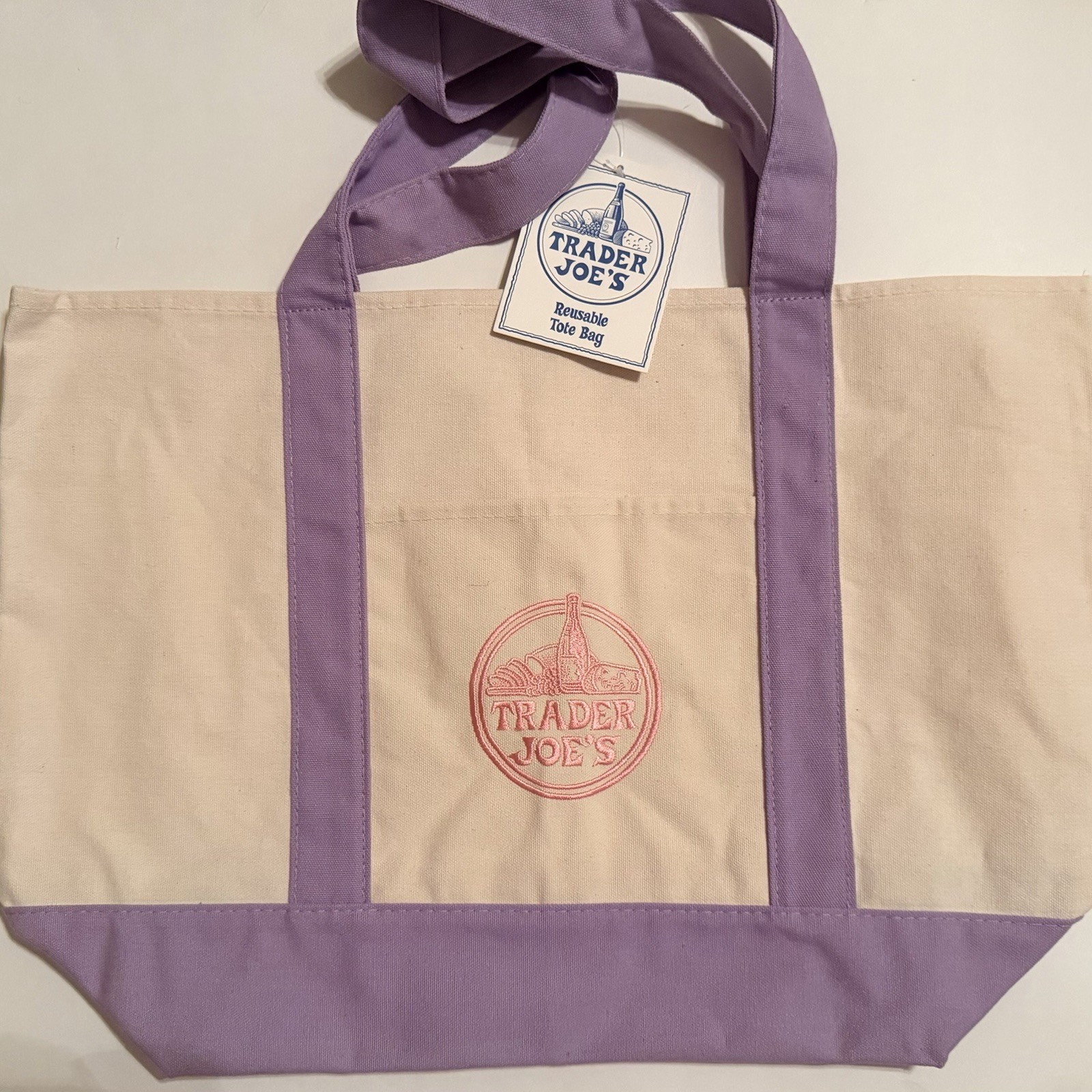 New Trader Joe’s Canvas Tote Bag Set 4 Mini Pastels & 1 Large Lavender Tote NWT