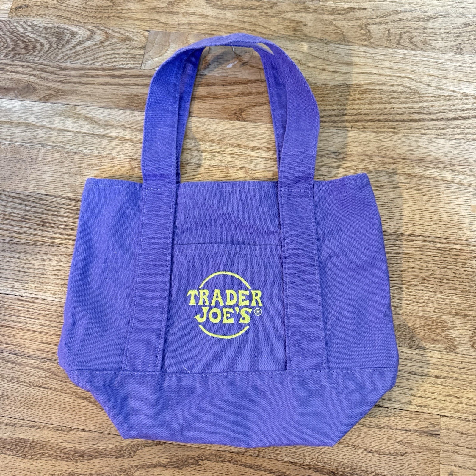 Trader Joes Mini Canvas Purple Tote Bag Embroidered Logo Double Handles