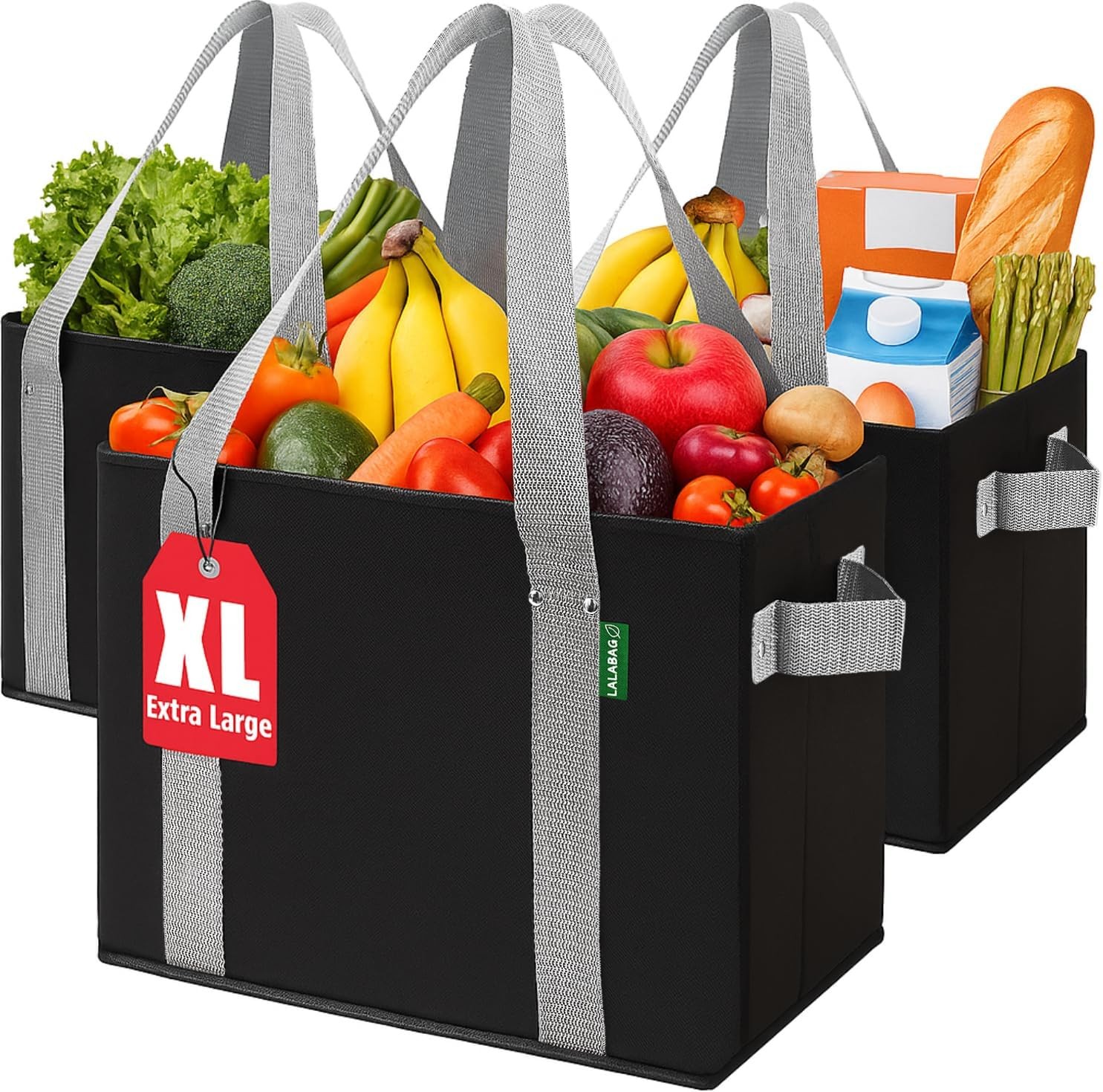 Reusable Grocery Bags 3 Pack Heavy Duty Stand Up 65 Lbs
