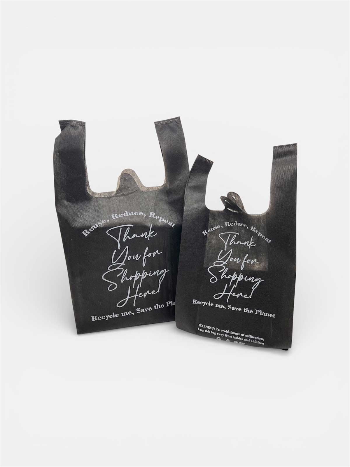 900pcs Non-Woven Reusable Bulk T-Shirt Thank You Black Grocery Bag 12x7x22