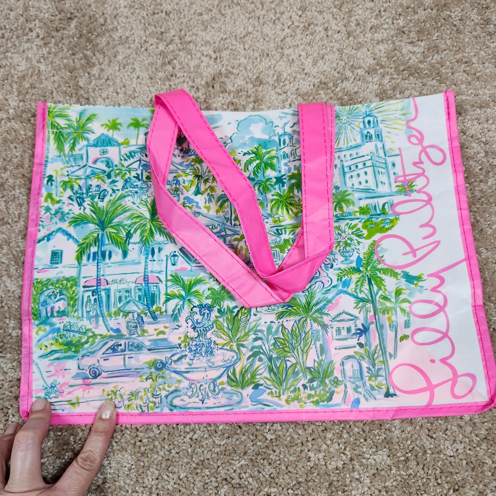 Lilly Pulitzer Reusable Shopping Tote Bag Pink Tropical Cityscape Print Large