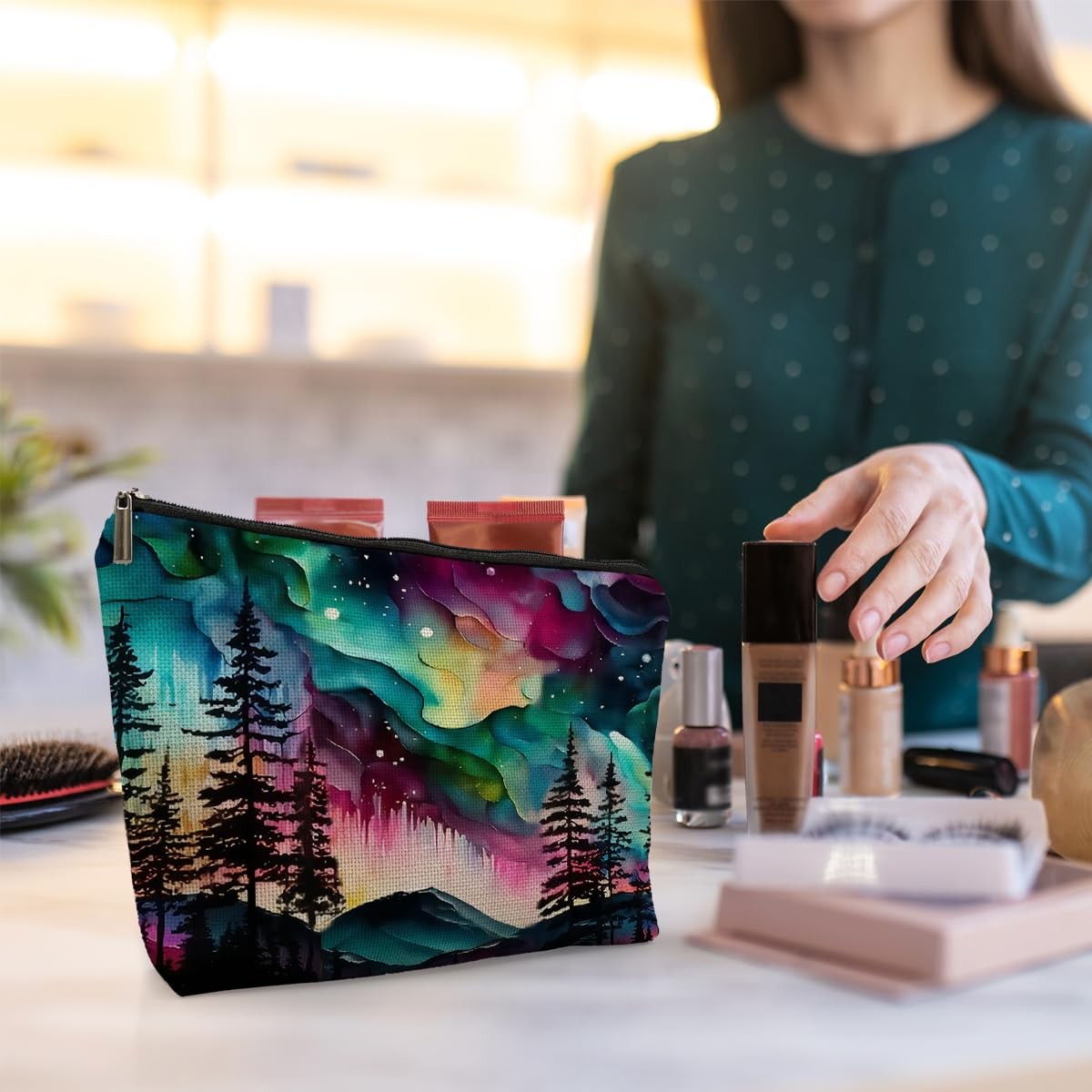 uinwk Northern Lights Makeup Bag for Women, Aesthetic Bag, Multicolor