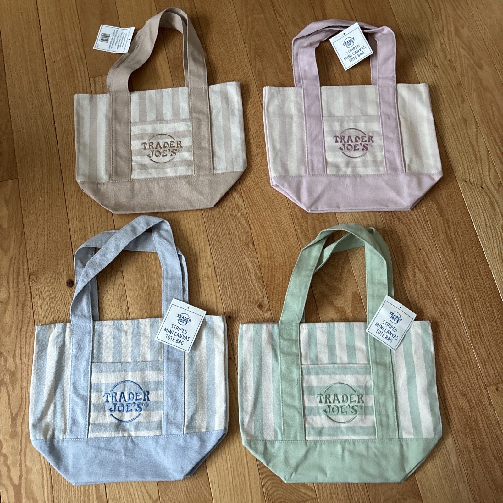 TRADER JOE’S MINI PASTEL STRIPE CANVAS TOTE BAGS SET Of 4 PINK BLUE GREEN BEIGE