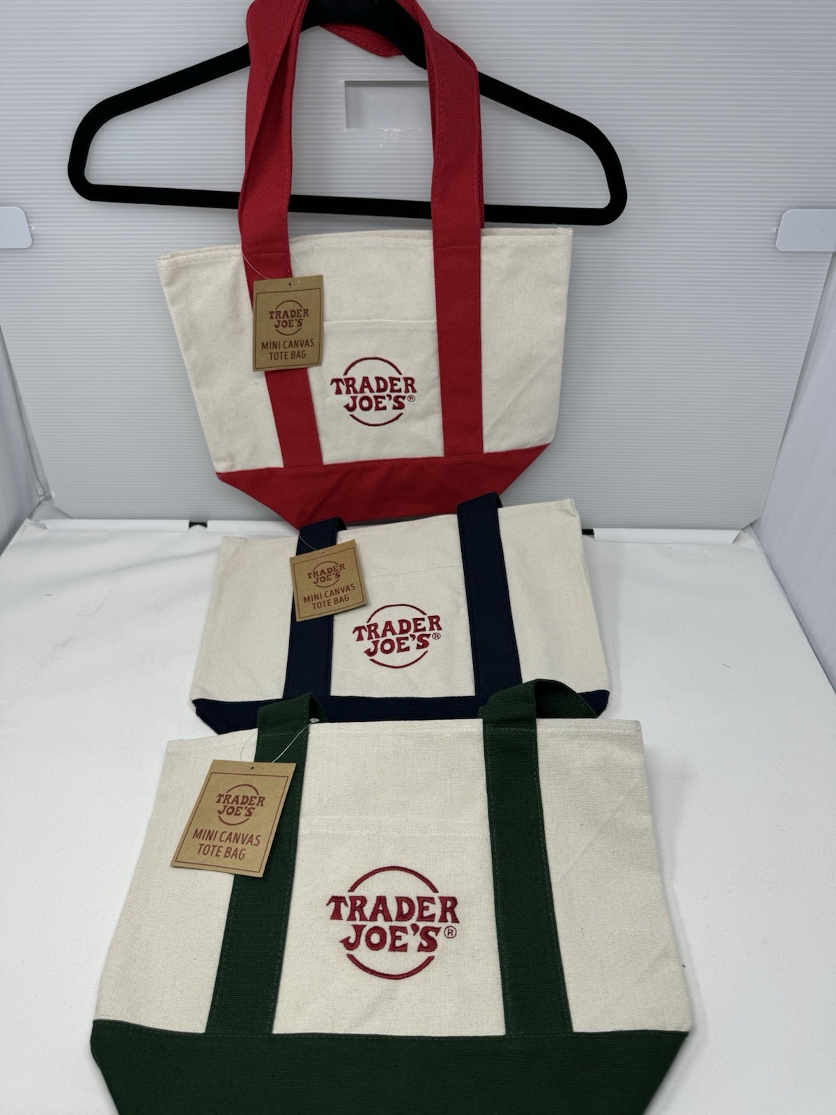 TRADER JOES 3 MINI CANVAS TOTE BAGS NWT FREE GIFT 🎁 FAST SHIP BLUE GREEN RED