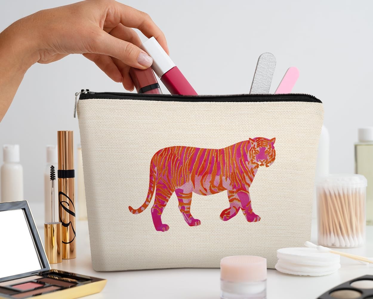 EXUQO Preppy Tiger Small Makeup Bag,Teen Girl Gifts,Pink preppy-L