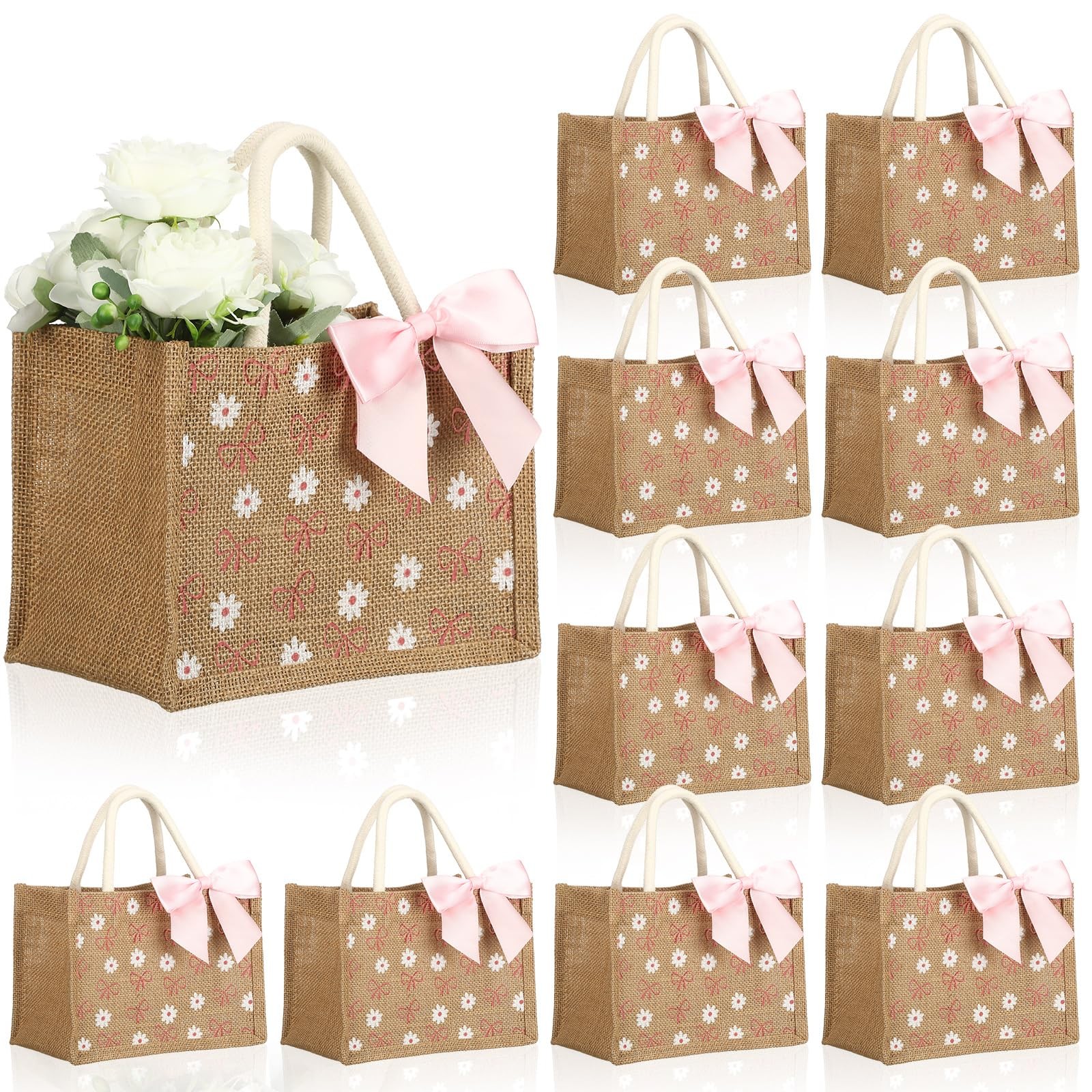 12 Pcs Burlap Tote Bag with Handle Coquette Bowknot Daisy Flower Reusable Bag…