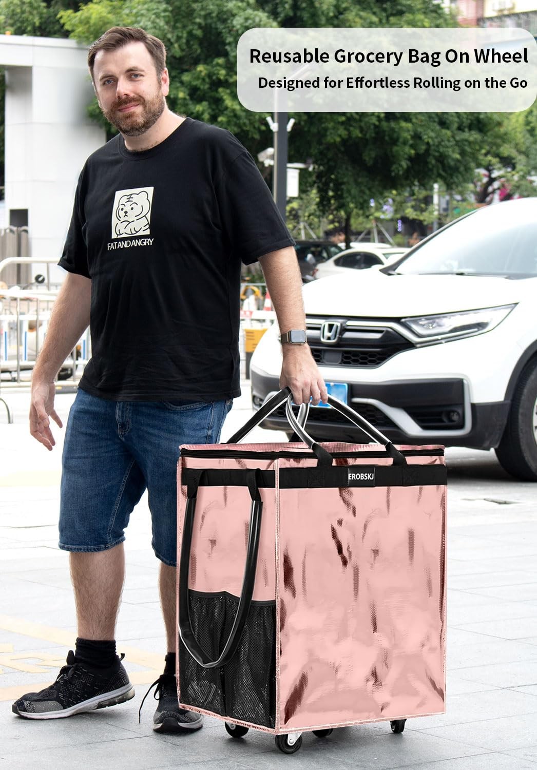 EROBSKJ (Large,Rose Gold) Reusable Grocery Bag on Wheels, Large, Rose Gold