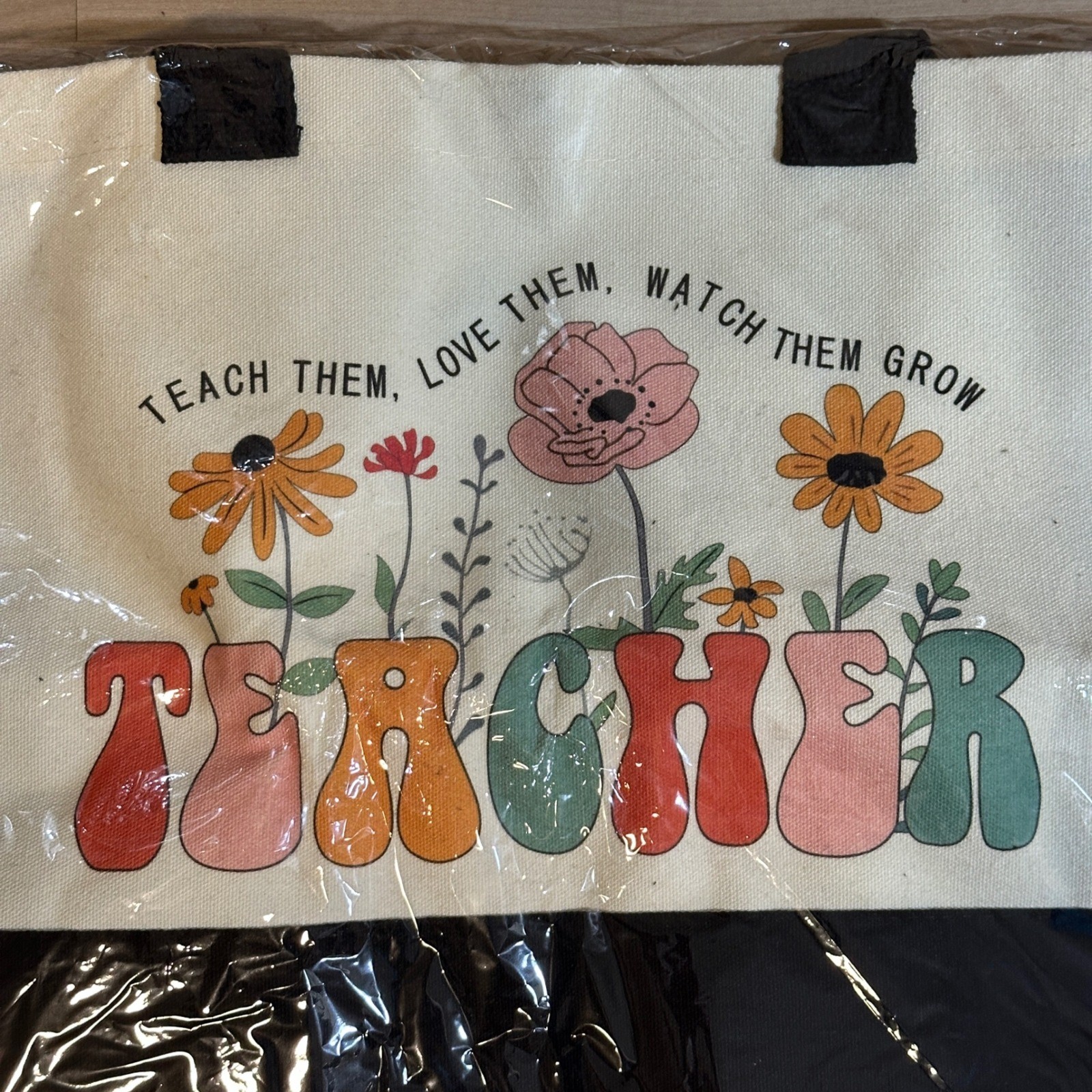 Teacher Tote Bag Floral “Teach Them Love Them Watch Them Grow” Graphic Canvas