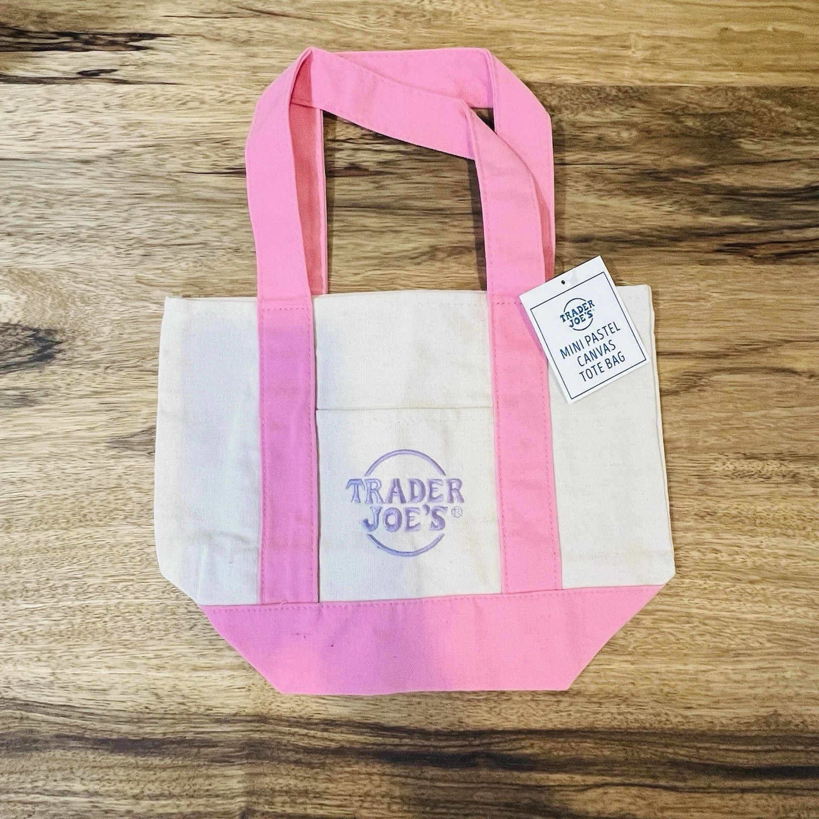 Trader Joe’s Mini Pastel Canvas Bag Off White, Pink Base & Straps, Lavender Logo