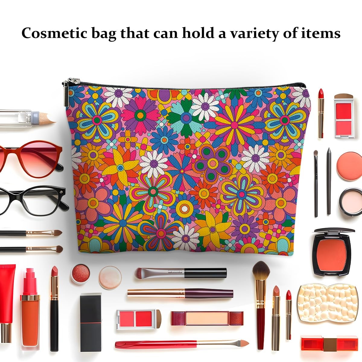 4 Pcs Retro Flowers Makeup Bag, Hippie Stuff Boho Cosmetic Multicolor 987