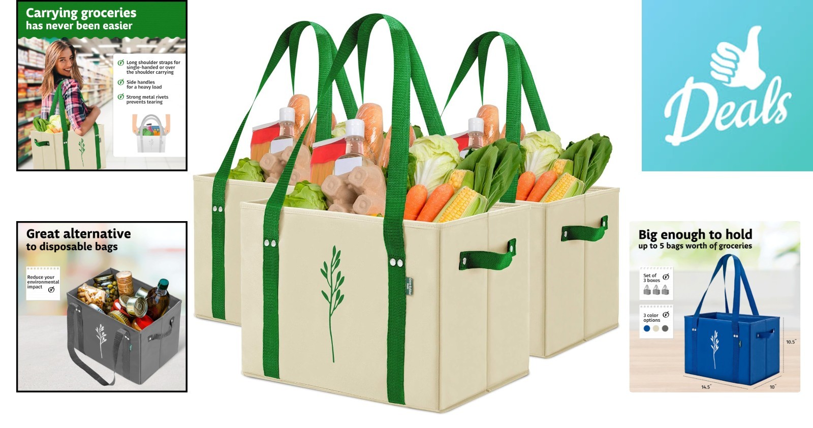 Eco-Friendly Green Bulldog Shopping Bags – Collapsible, 65 lbs Capacity – 3 Pack