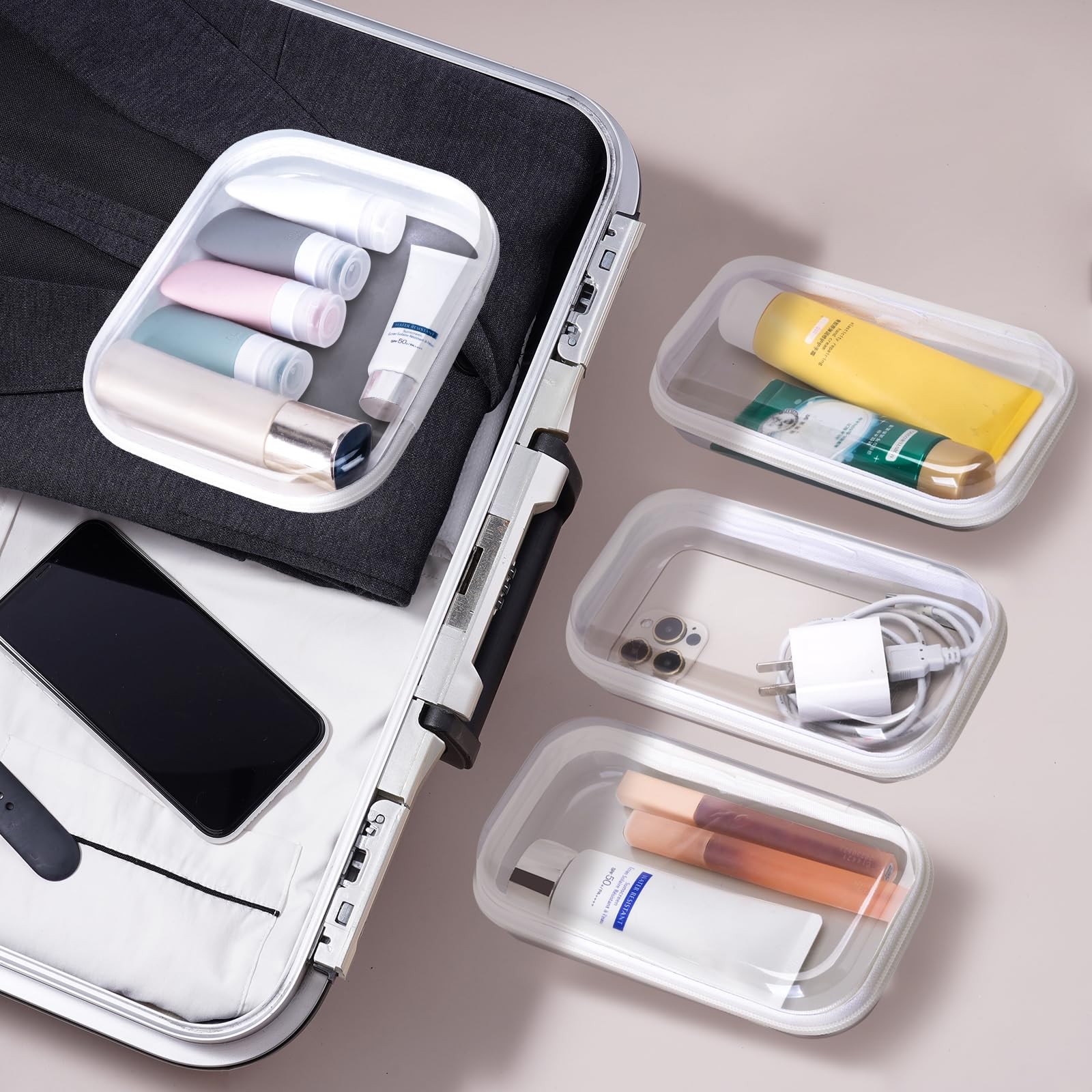 WELPIRT 4 pcs Clear Zipper Pouches,Hard Shell Case, M+3S, White