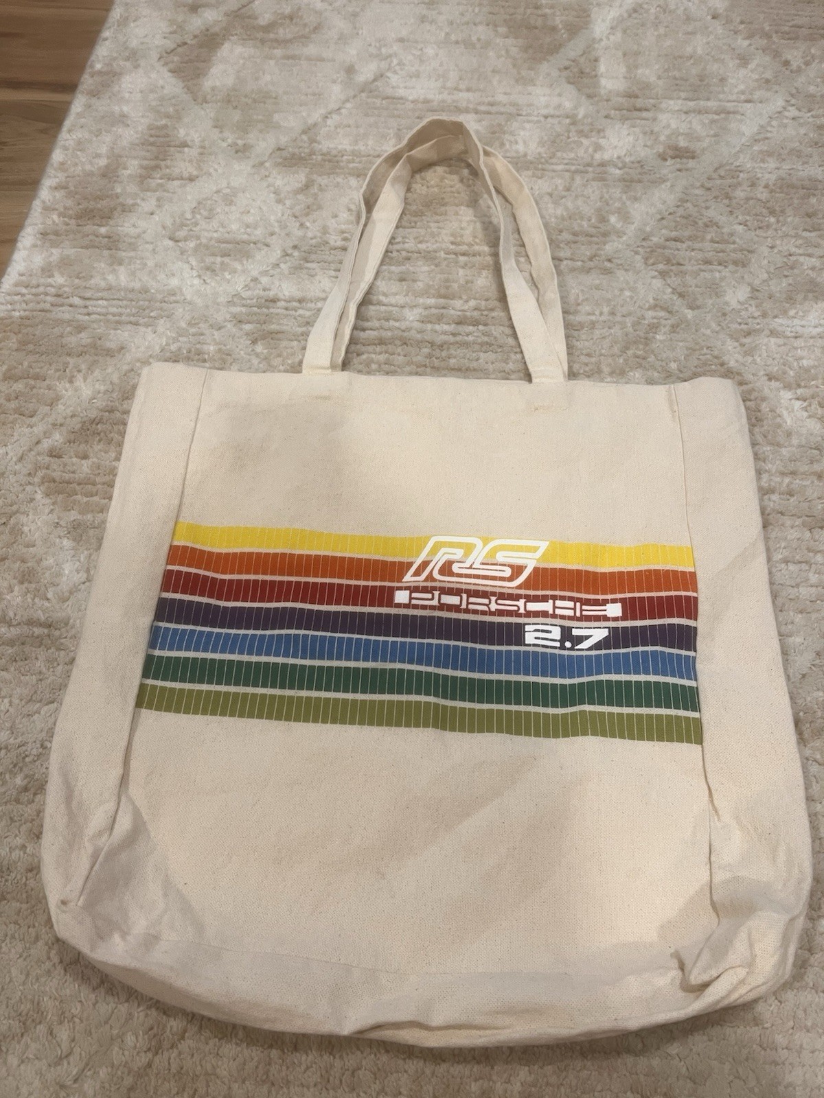 Porsche Canvas Tote Reusable Shopping Bag Beige Striped Shoulder Strap 18×16″