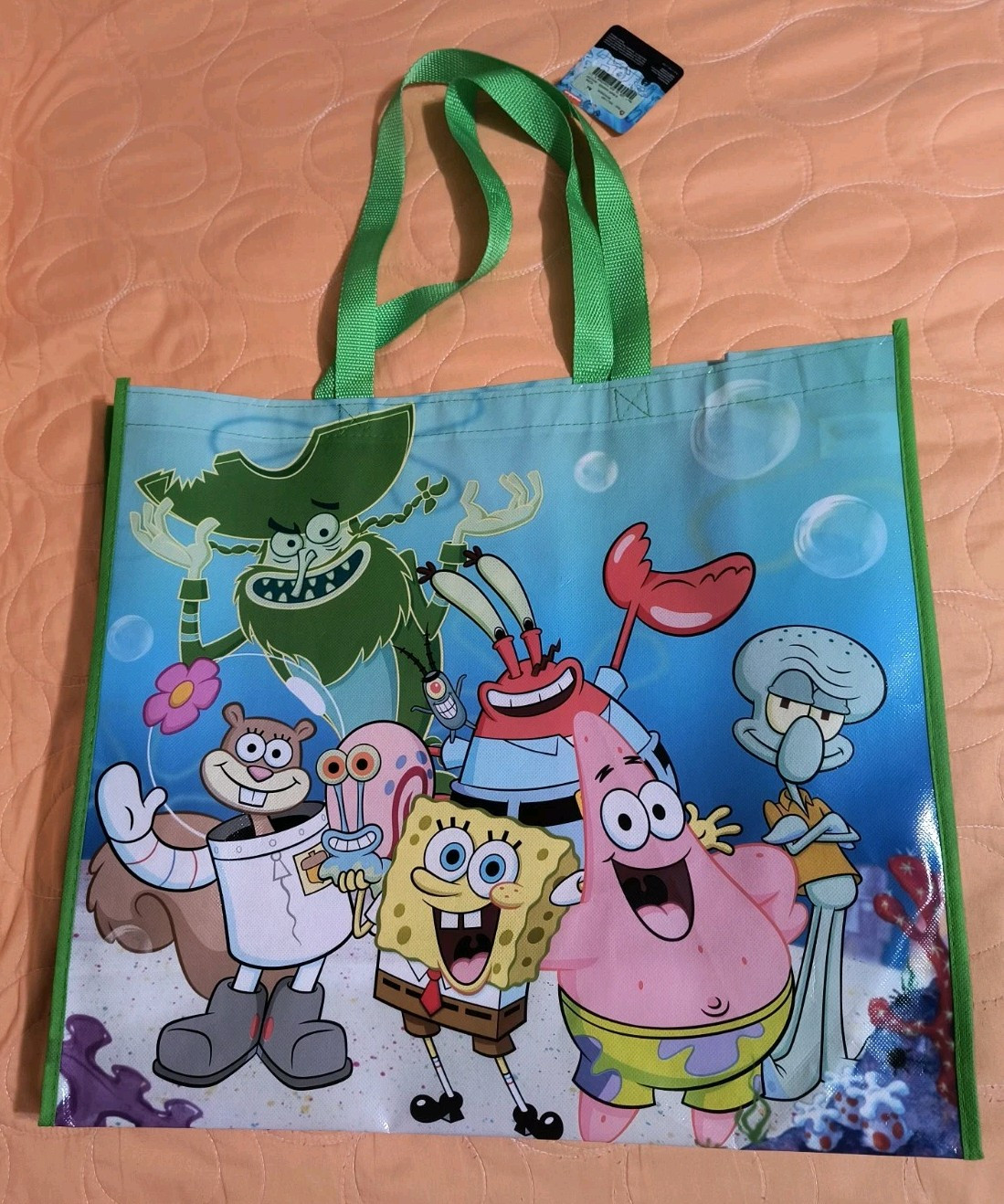 SpongeBob SquarePants Reusable Green Jumbo Shopping Gift Bag with Handle🆕🆓Ship