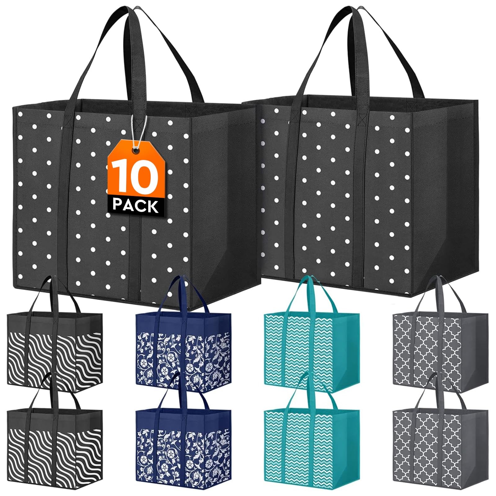10 Pack Reusable Grocery Bags for Groceries 35L Large Capacity Heavy Duty Wat…