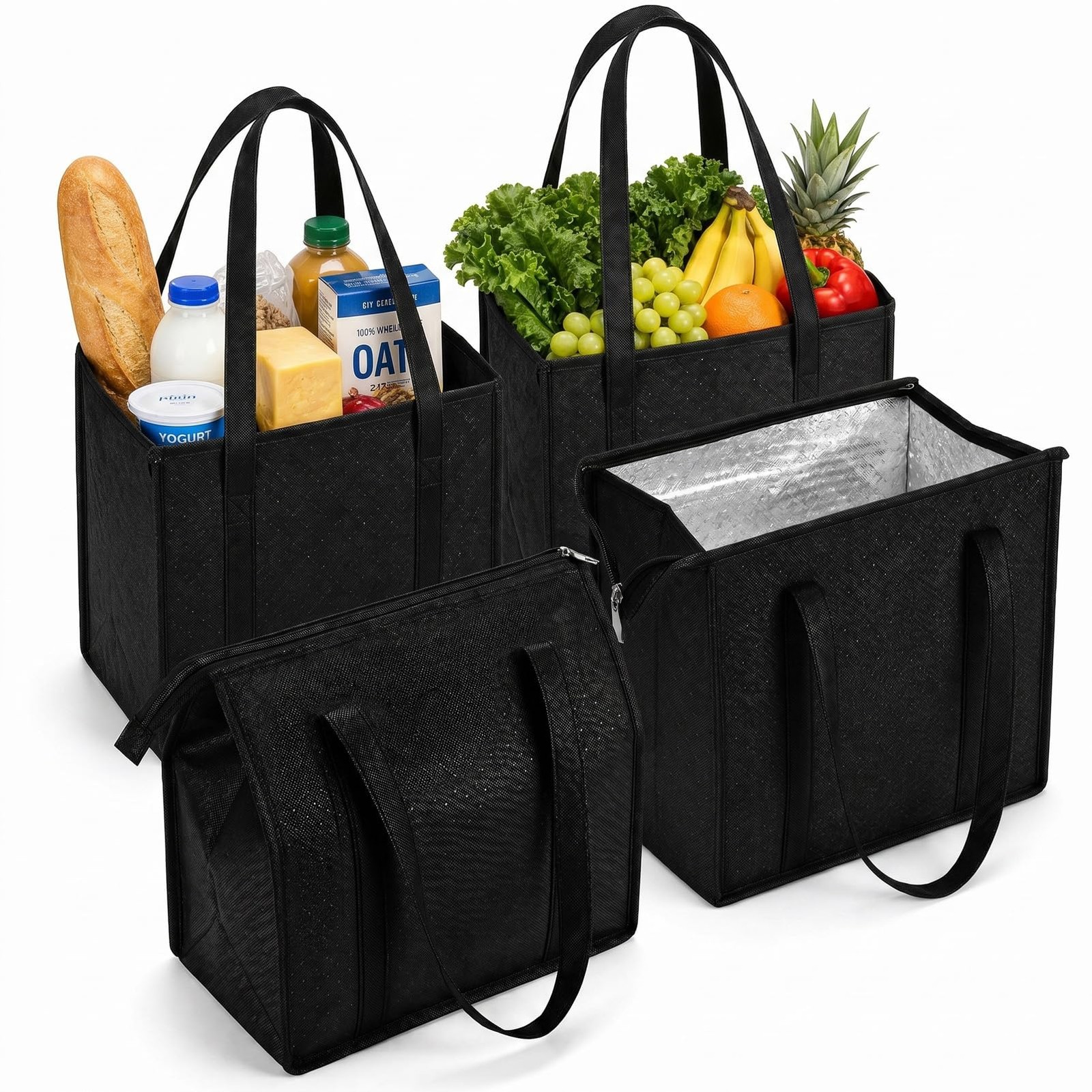4 Pack 12x7x13 Inch Insulated Grocery Bags Reusable Cooler Totes Leakproof Black