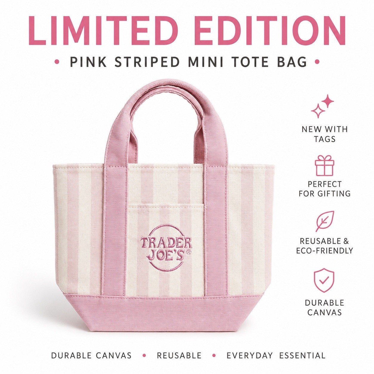 Trader Joe’s Mini Tote Bag Pink Striped Canvas Summer 2026 | NWT | Fast Ship!
