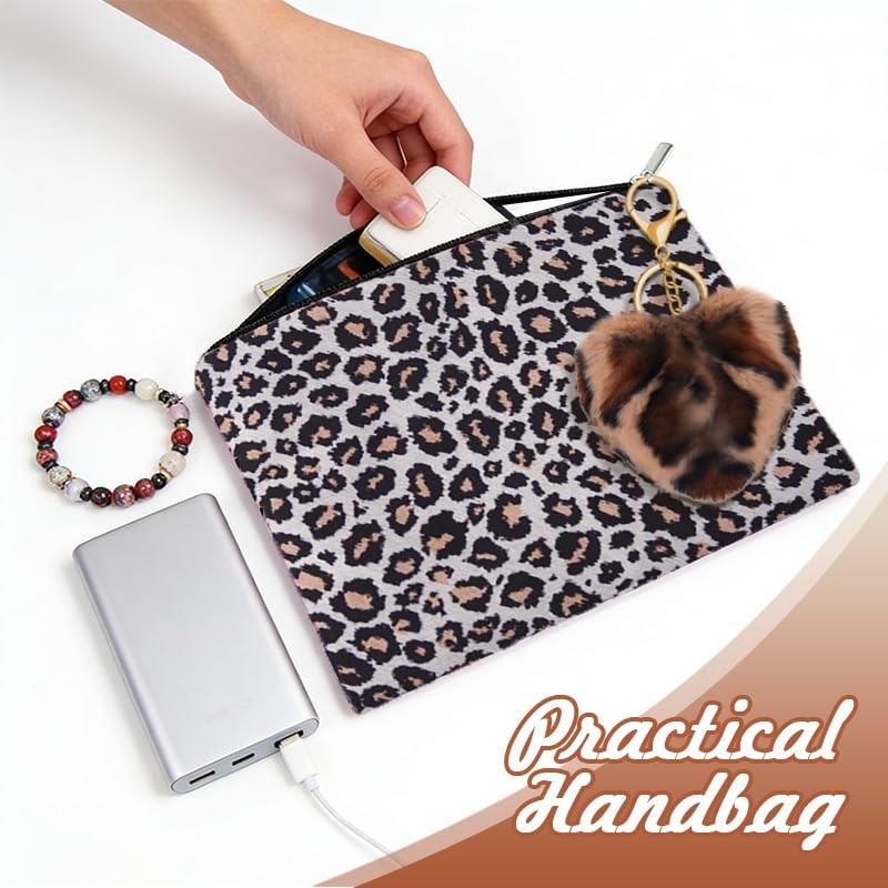 Vintage Leopard Print Cosmetic Bag for Purse Makeup Bags Fuzzy multicolor