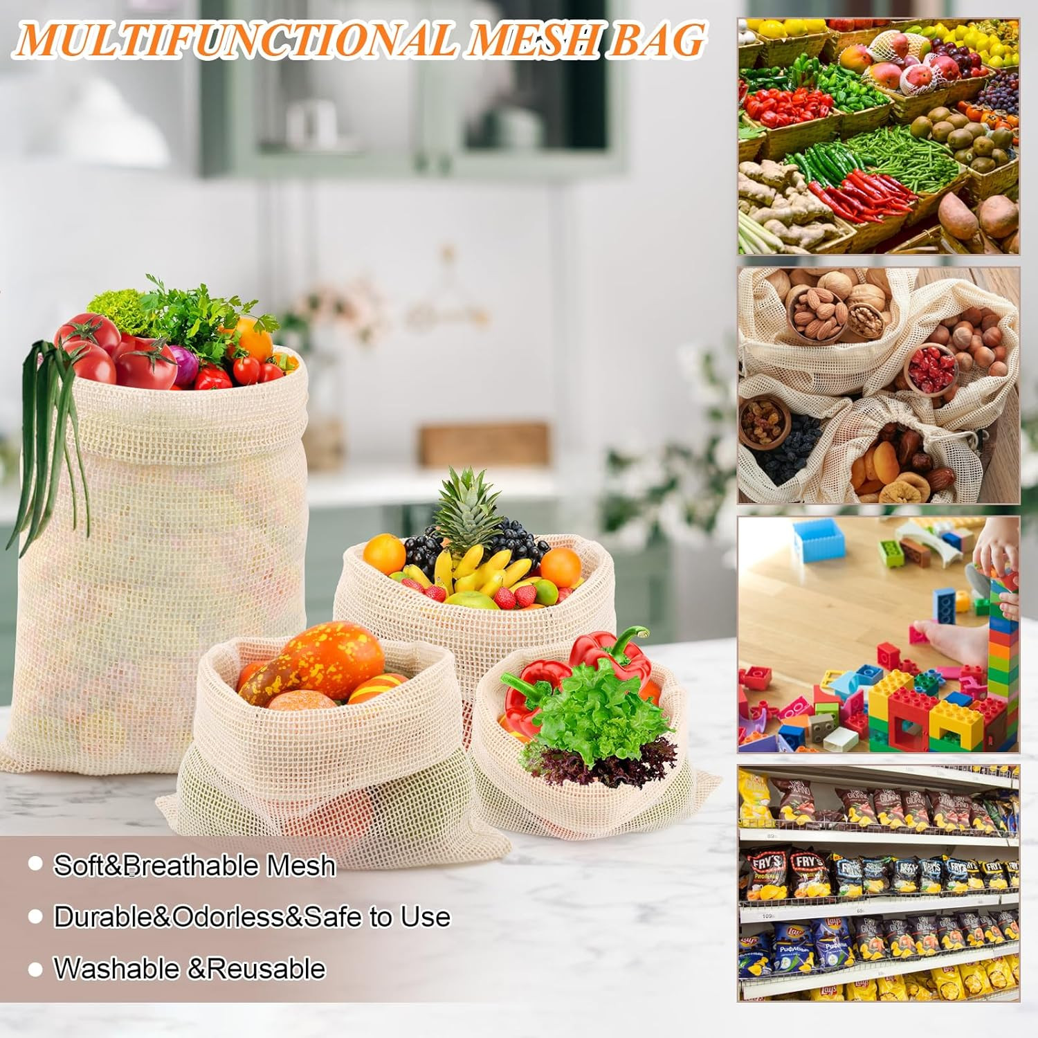 Reusable Cotton Mesh Produce Bags – 8 Pack for Groceries and Storage SHIPS FREE