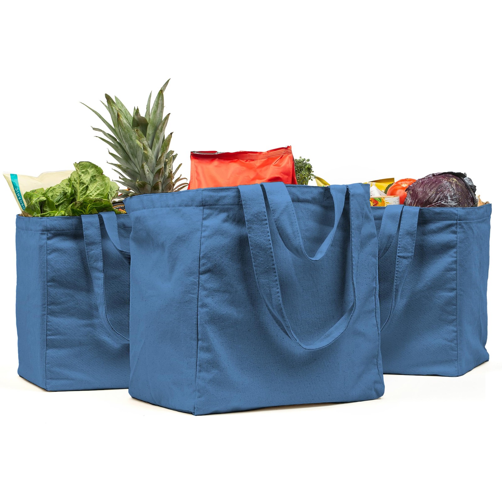 Canvas Grocery Bag 3pc Jumbo Set with Real Pockets, Long Shoulder Strap and S…