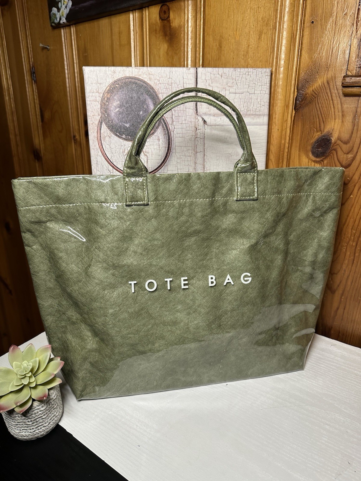 Green Large Foldable Tote Bag Synthetic with Zippered Pocket and Handles
