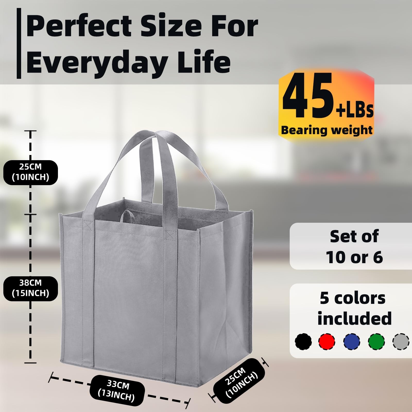 6 PCS Reusable Reinforced Handle Grocery Bags Heavy Duty Foldable Washable