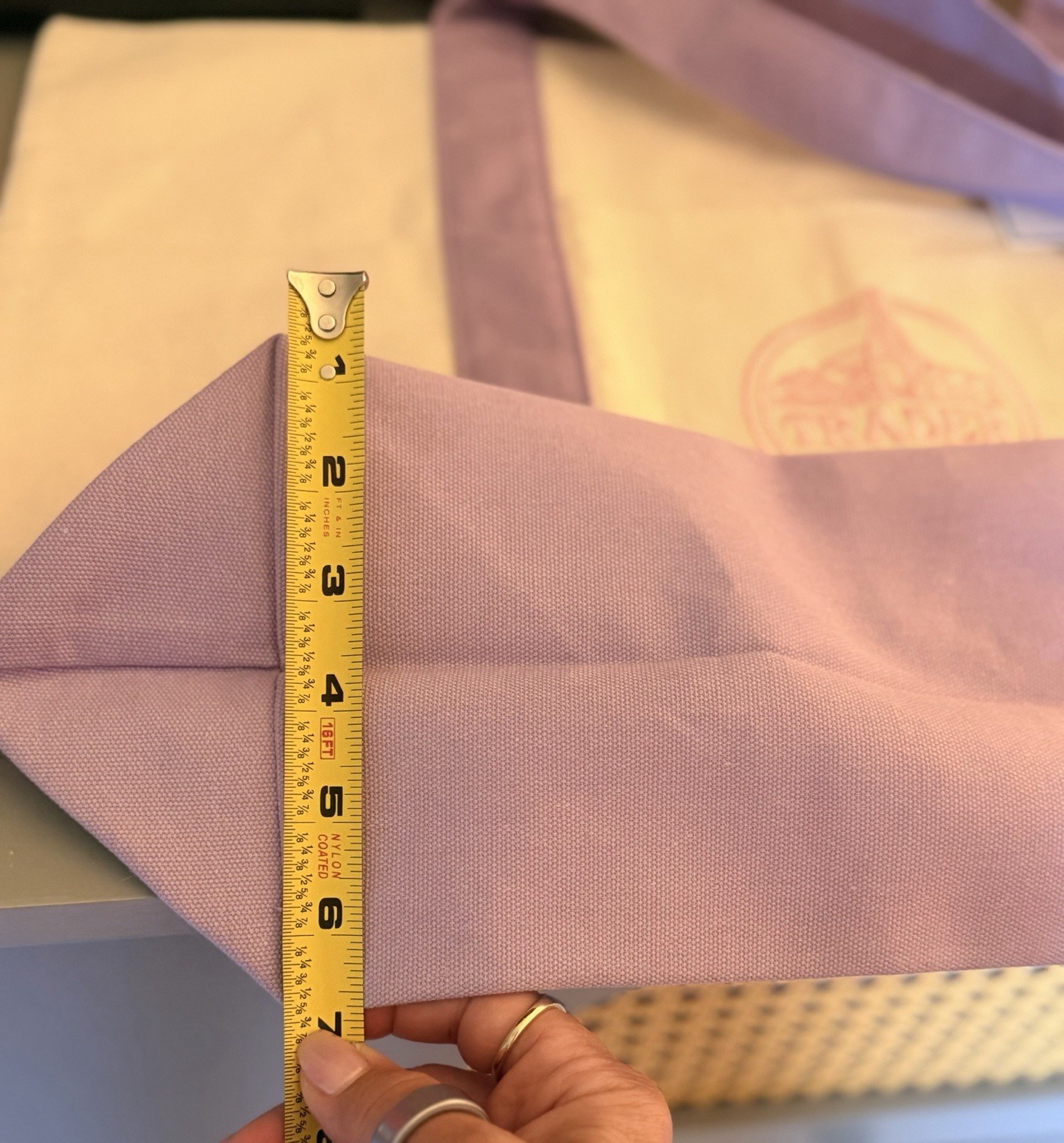 Trader Joe’s Reusable Canvas Tote Bag Logo Beige/Purple 22x11x7 in