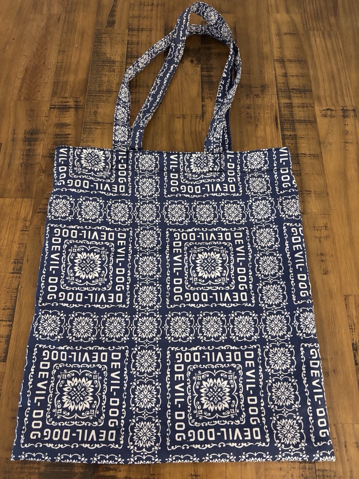 DEVIL DOG Blue White Geometric Pattern Tote Bag Reusable Shopping