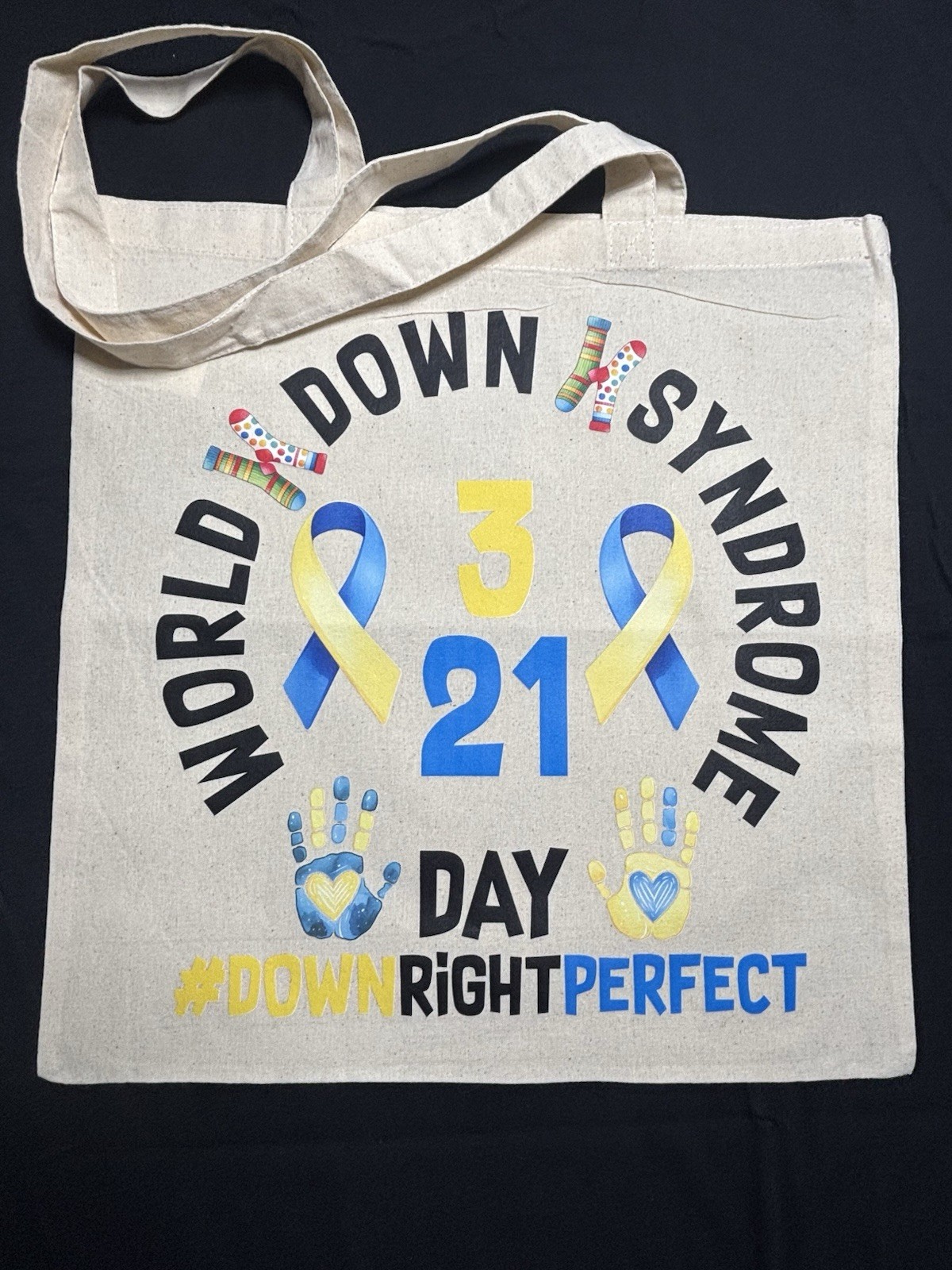 Canvas Foldable Tote Bag, Down Syndrome Awareness Pattern, Beige Multicolor